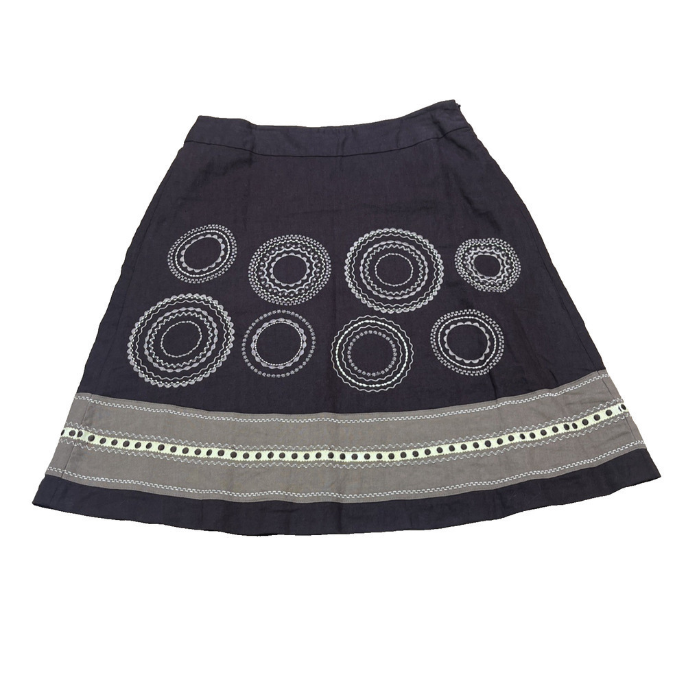 Talbots Linen Embroidered Geometric Skirt Brown 8 Petite Boho Classic Mature